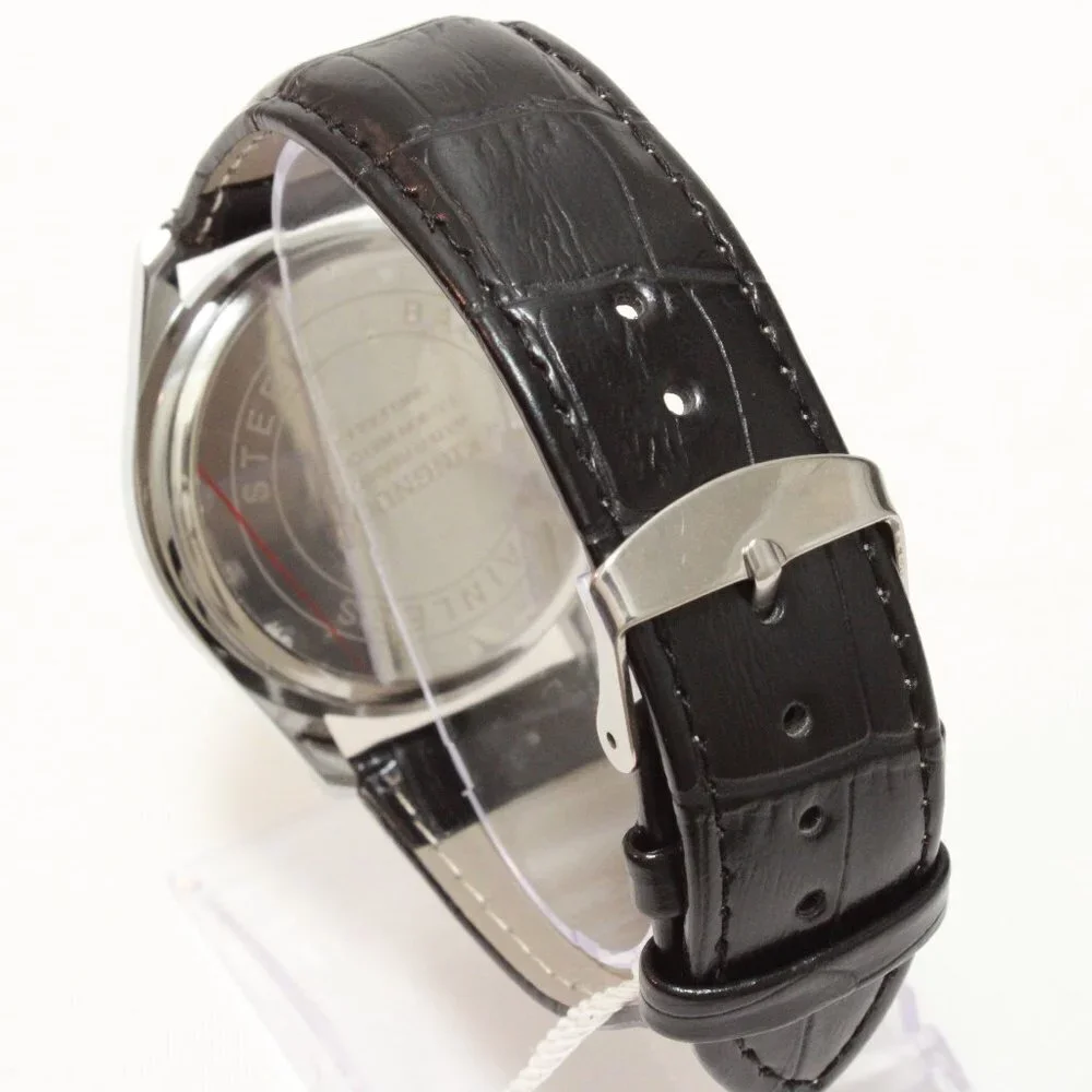 Men's Contemporary Dress Watch Silver Case Black Leather Watch Strap 40mm - Picture 11 of 13